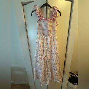 Moon River White Dress with Pink Floral Smocked Bodice